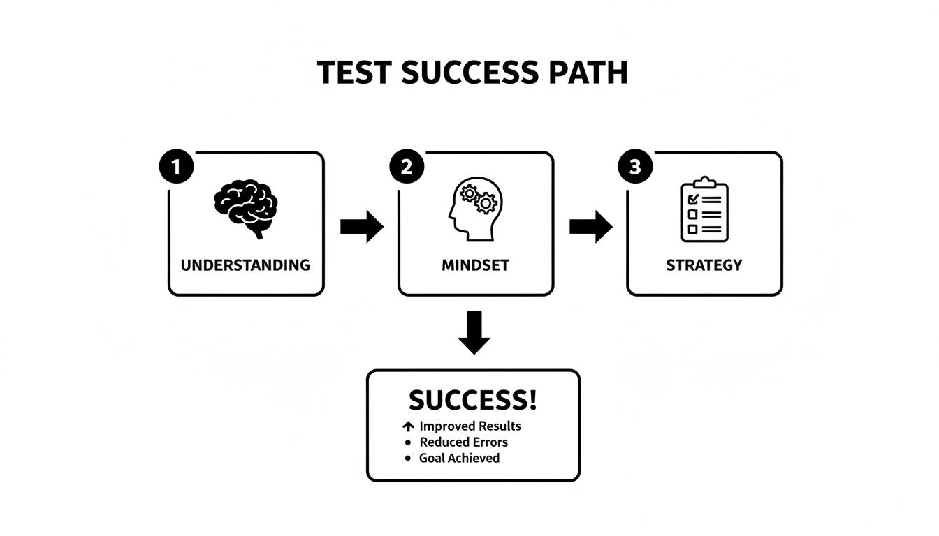 A diagram titled 'Test Success Path' showing steps: Understanding, Mindset, Strategy, leading to Success.