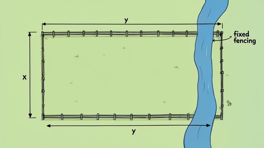 Diagram of a rectangular area fenced on three sides next to a river, with dimensions x and y.