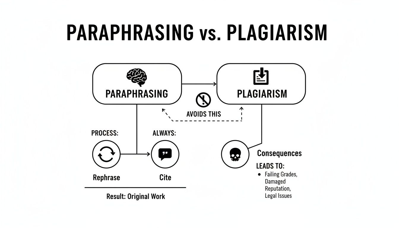 Flowchart illustrating the differences between paraphrasing and plagiarism, highlighting correct citation and serious consequences.