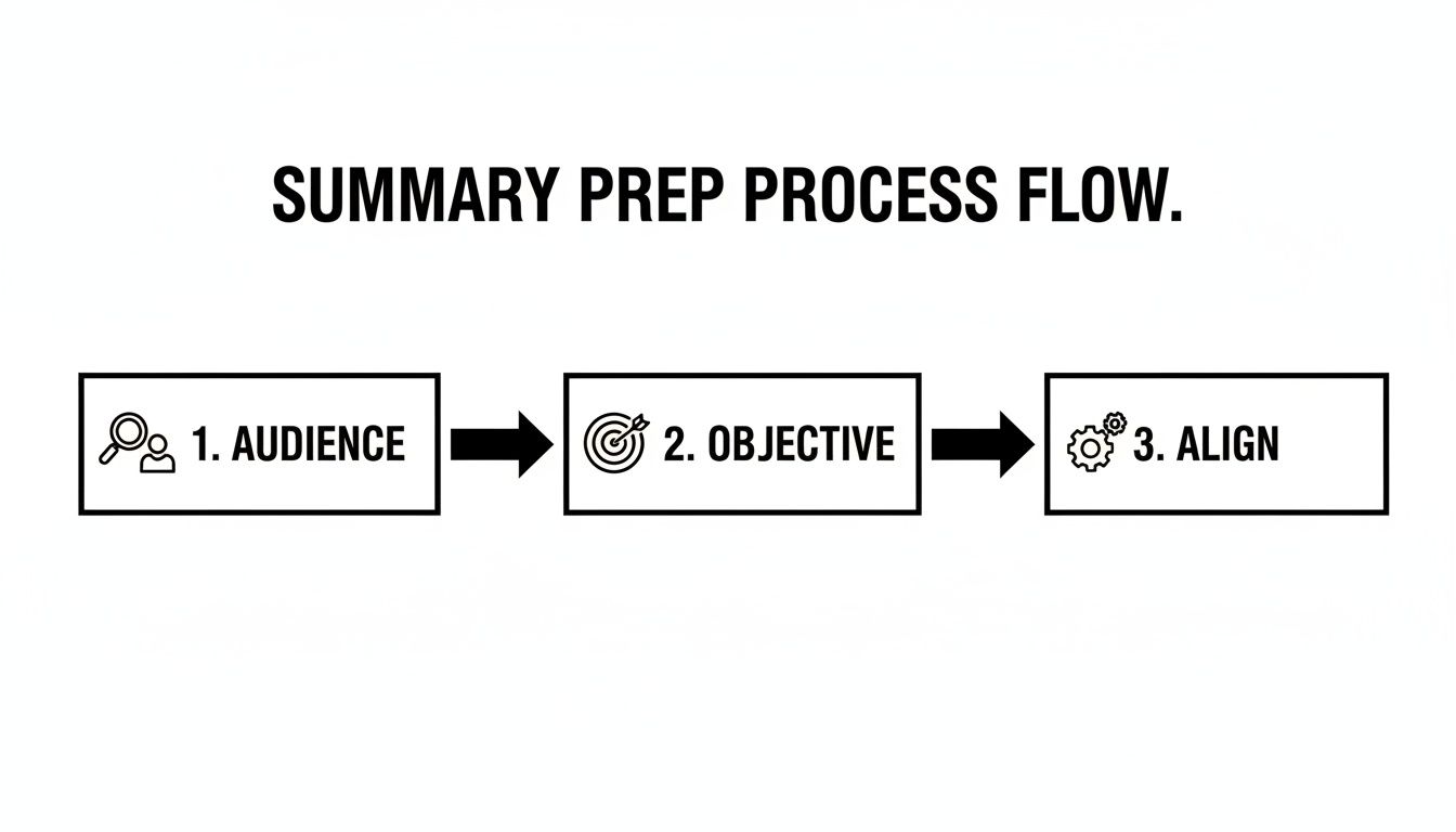 Flowchart outlining the three-step summary preparation process: Audience, Objective, and Align.