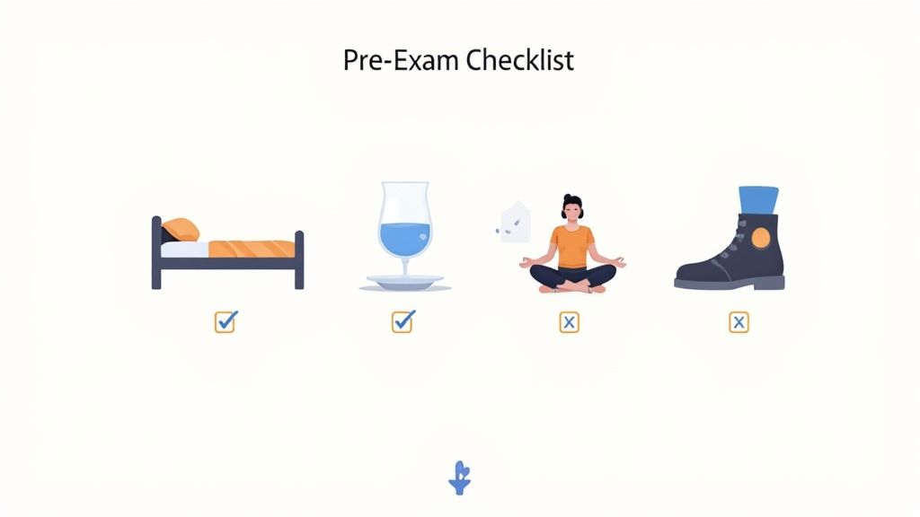 Pre-exam checklist graphic showing sleep and hydration checked, while meditation and a boot are not.