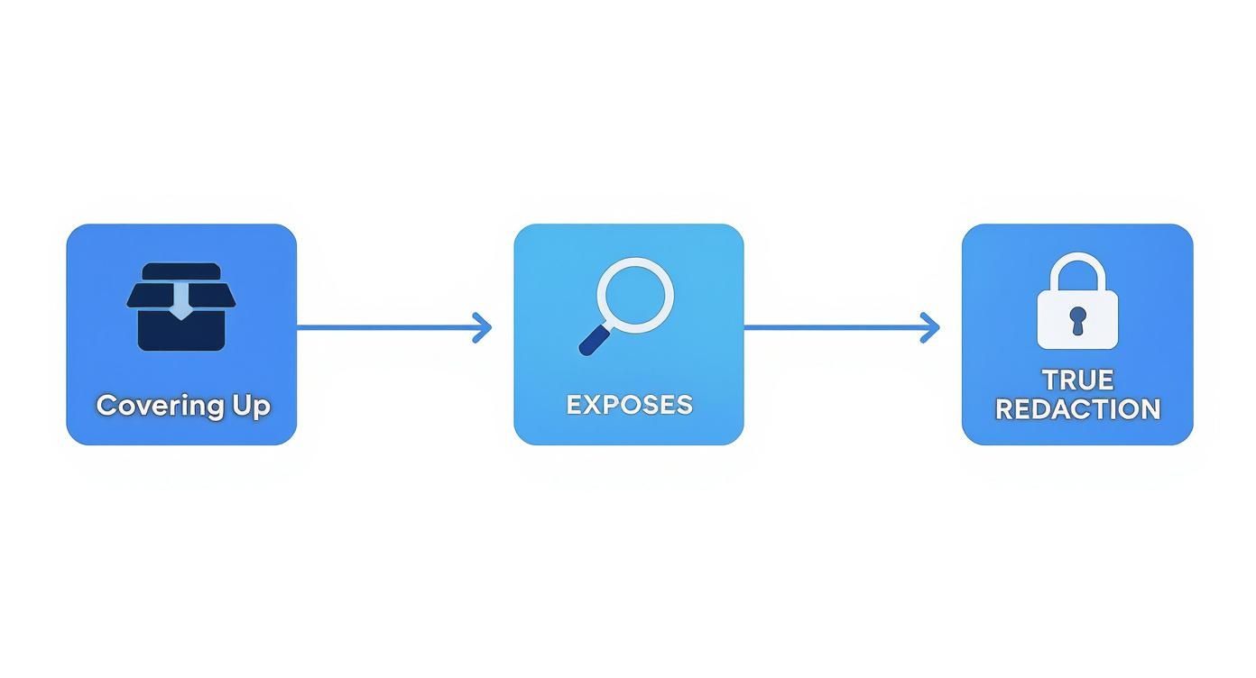 Flowchart showing 'Covering Up' with a box icon, 'EXPOSES' with a magnifying glass, and 'TRUE REDACTION' with a padlock.