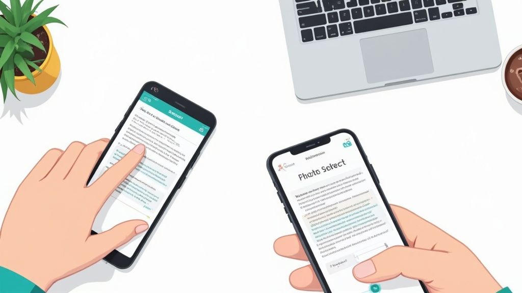 Two hands interact with smartphones on a clean white desk, alongside a laptop, plant, and coffee.