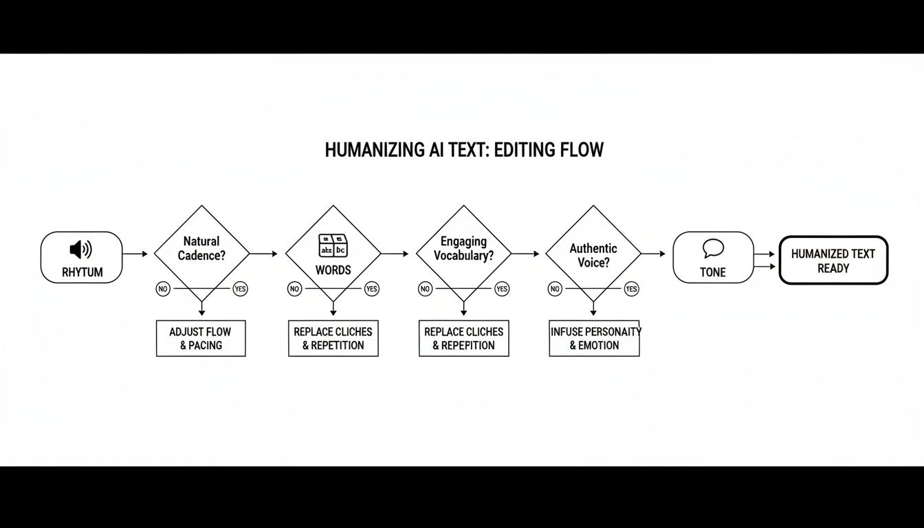 Flowchart illustrating the humanizing AI text editing process, covering rhythm, vocabulary, and authentic voice.