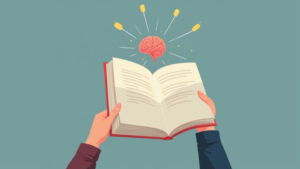 An illustration of hands holding an open book, symbolizing knowledge leading to new ideas.