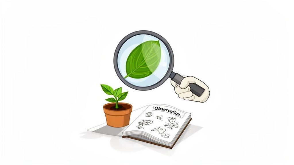 Illustration of scientific observation with a magnifying glass examining a leaf, a small plant, and a notebook.
