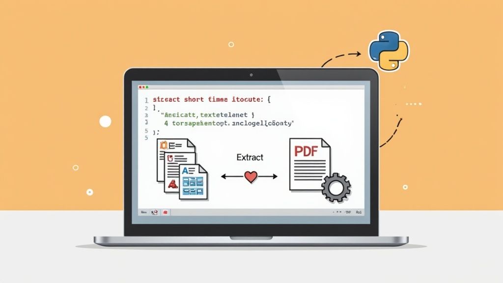 Python code on a laptop screen illustrates extracting data from diverse documents and PDF files.