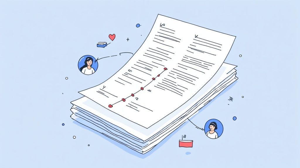 An illustration of a stack of documents with a line graph connecting two user profiles, representing a workflow.