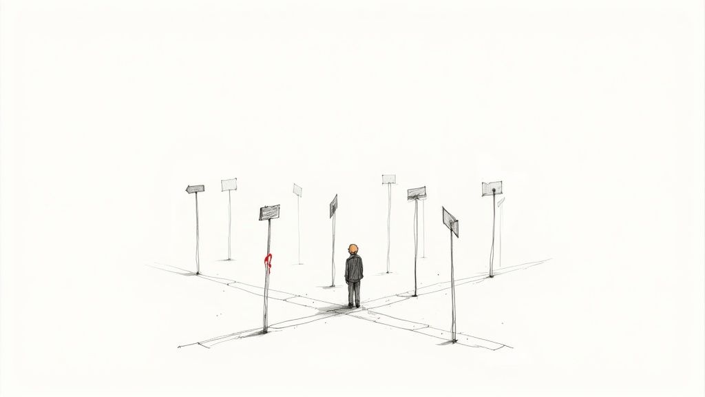 A minimalist sketch of a person standing at a crossroads, surrounded by numerous blank signposts, symbolizing indecision.