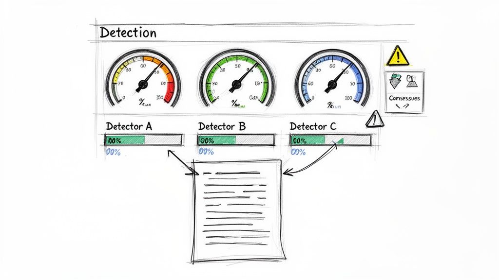 Sketch of a 'Detection' dashboard displaying three gauges, progress bars for detectors, warning signs, and a connected document.