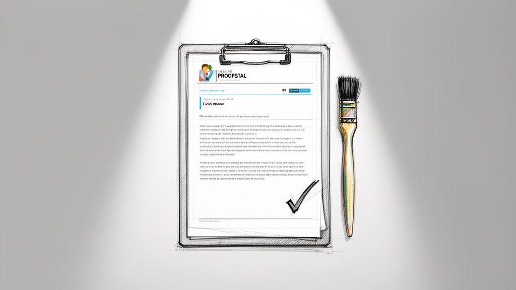 A sketch of a clipboard holding a document titled 'Final Review' next to a paintbrush.