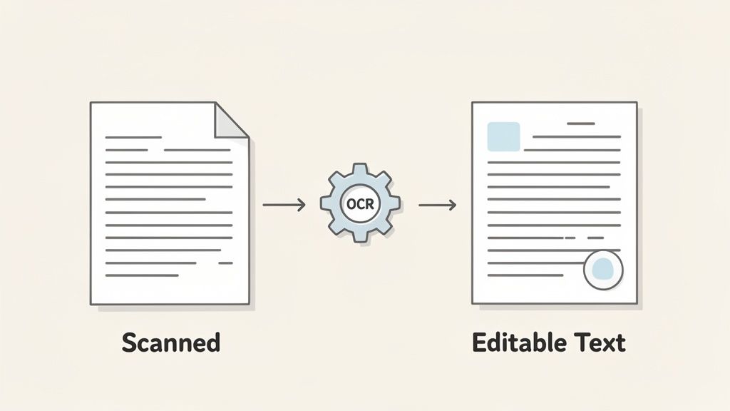 An illustration showing a scanned document being converted into editable text using OCR technology.