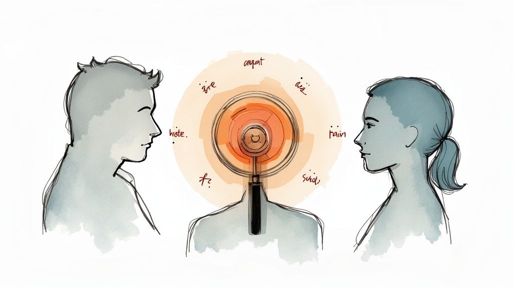 Illustration of two profiles observing a back with a device radiating words like 'pain' and 'sue,' depicting empathy or sensation.