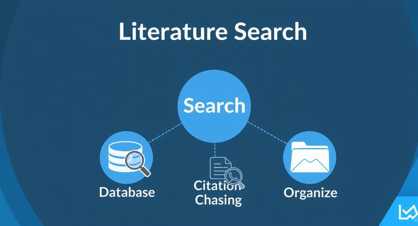 Diagram showing the literature search process, including search, database, citation chasing, and organize.