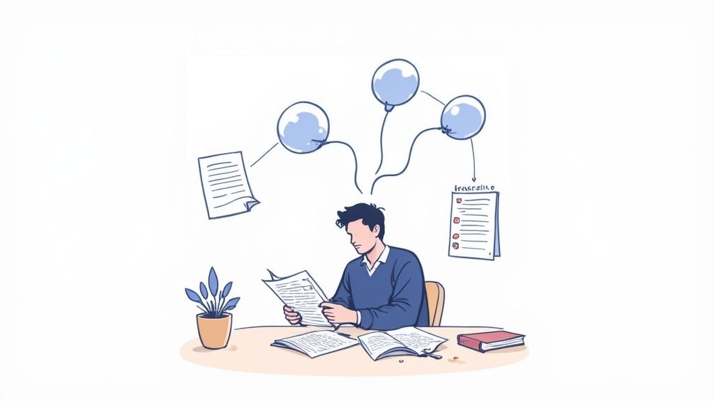 Illustration of a man reading, processing information, and organizing thoughts into documents.