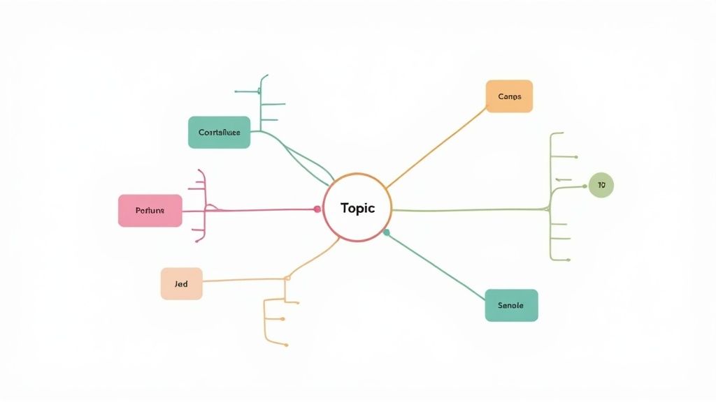 A colorful mind map with 'Topic' at the center, branching out to several ideas and sub-ideas.