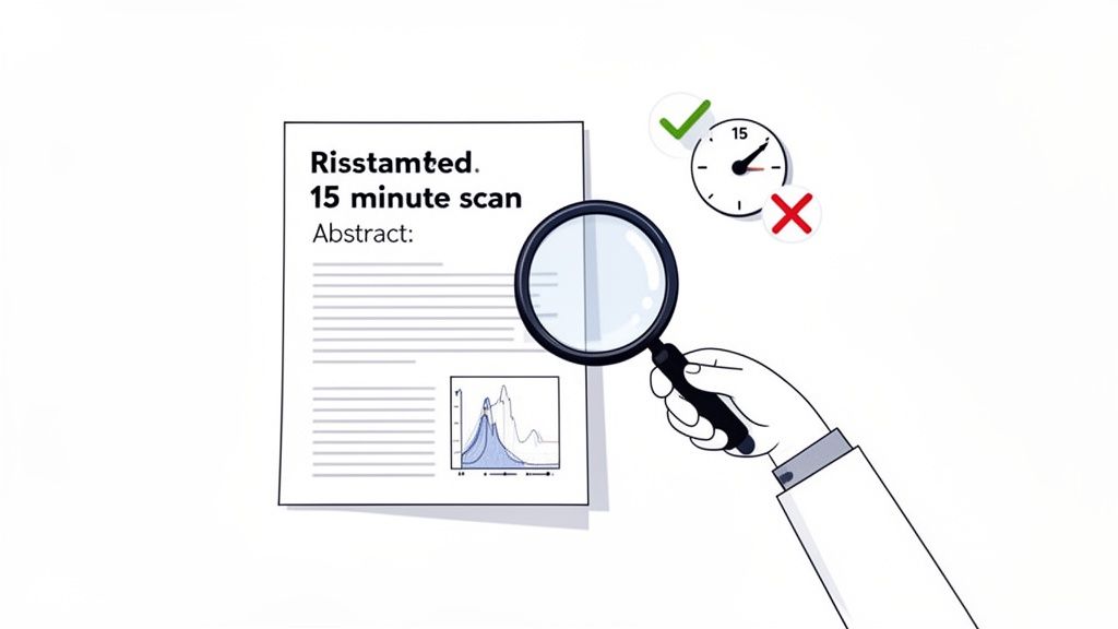 Hand examining a research paper about a 15-minute scan with a magnifying glass, next to a clock with a checkmark.