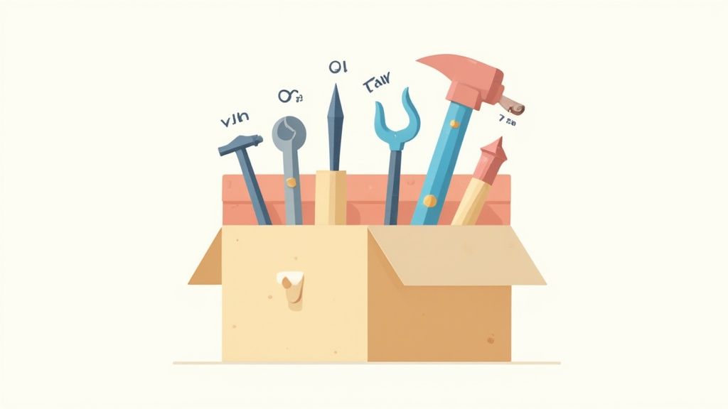 A beige toolbox holds various tools including a hammer, wrench, and pointed instruments.