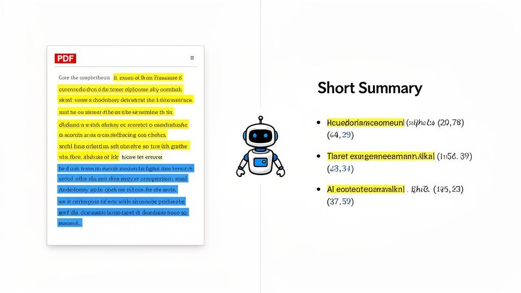 A diagram shows a robot summarizing a PDF document, highlighting text in yellow and blue, and generating a bulleted summary with coordinates.
