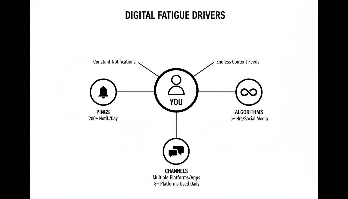 Infographic showing digital fatigue drivers like notifications, algorithms, and multiple platforms centered around 'YOU'.