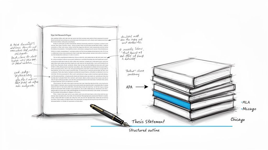 An illustration of the academic writing process, showing a research paper, thesis, outline, and citation styles like APA, MLA, Chicago.