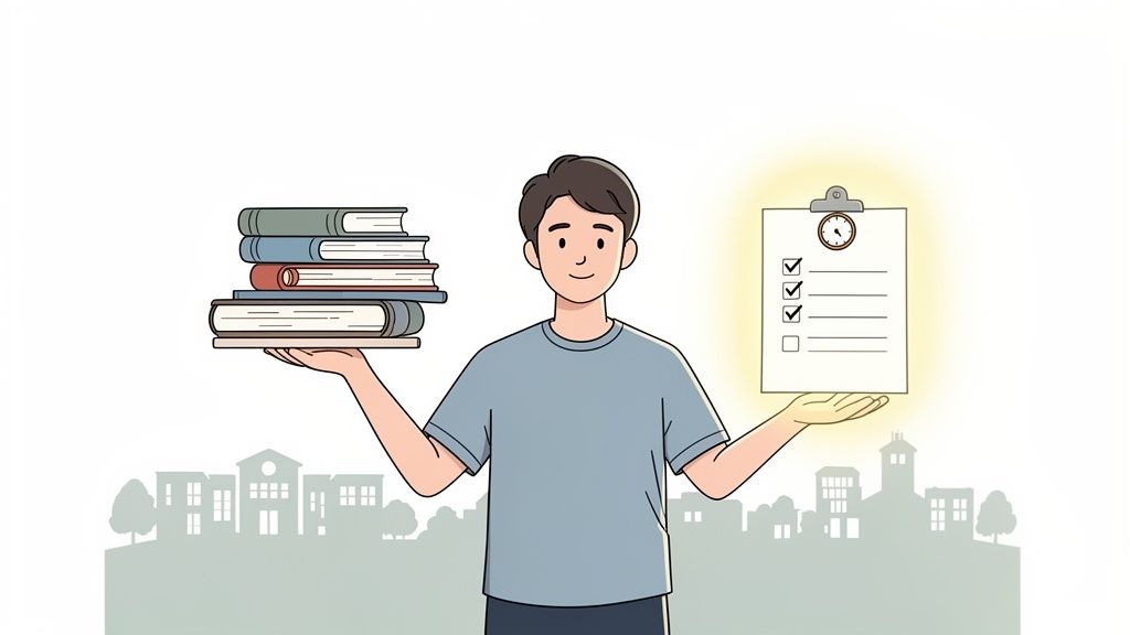 A student balances a stack of books and a glowing checklist with a clock, symbolizing academic balance.
