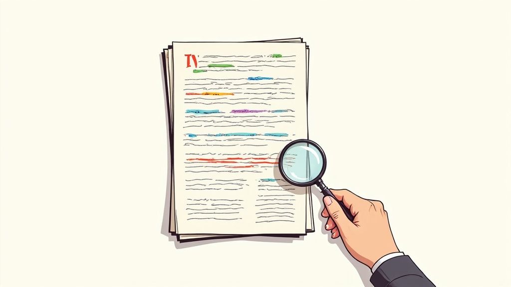 A close-up of a person's hands annotating a book with a pen and sticky notes.