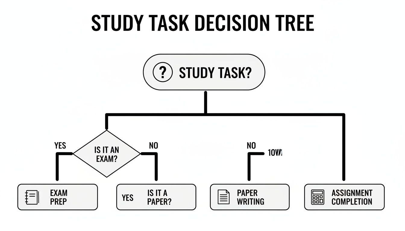 A study task decision tree flowchart guiding users to categorize tasks into exam prep, paper writing, or assignment completion.