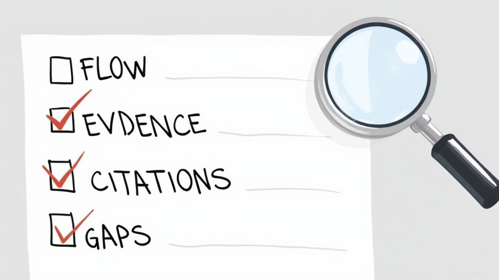A checklist on paper with "FLOW", "EVIDENCE", "CITATIONS", "GAPS" and a magnifying glass, three items checked.