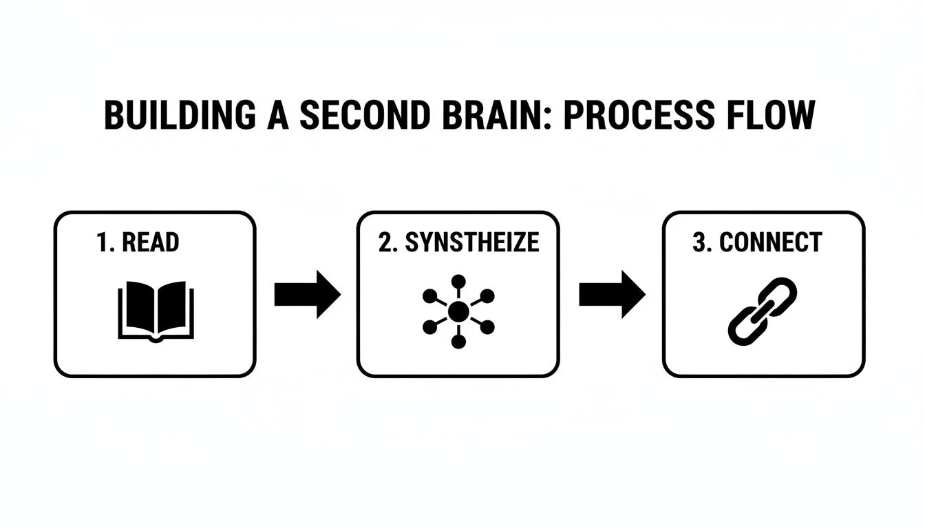 A process flow diagram outlining three steps for building a second brain: read, synthesize, and connect.