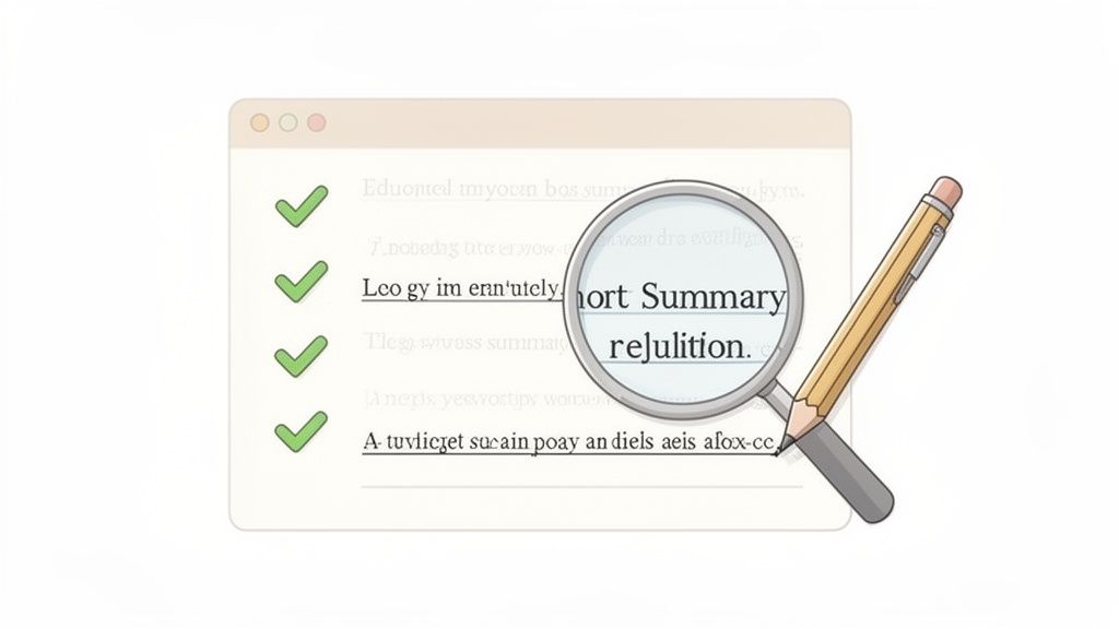 A magnifying glass and pencil review a document with bullet points and checkmarks, highlighting a short summary.