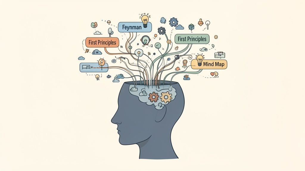 An illustration of a head with ideas like Feynman, First Principles, and Mind Map emerging.