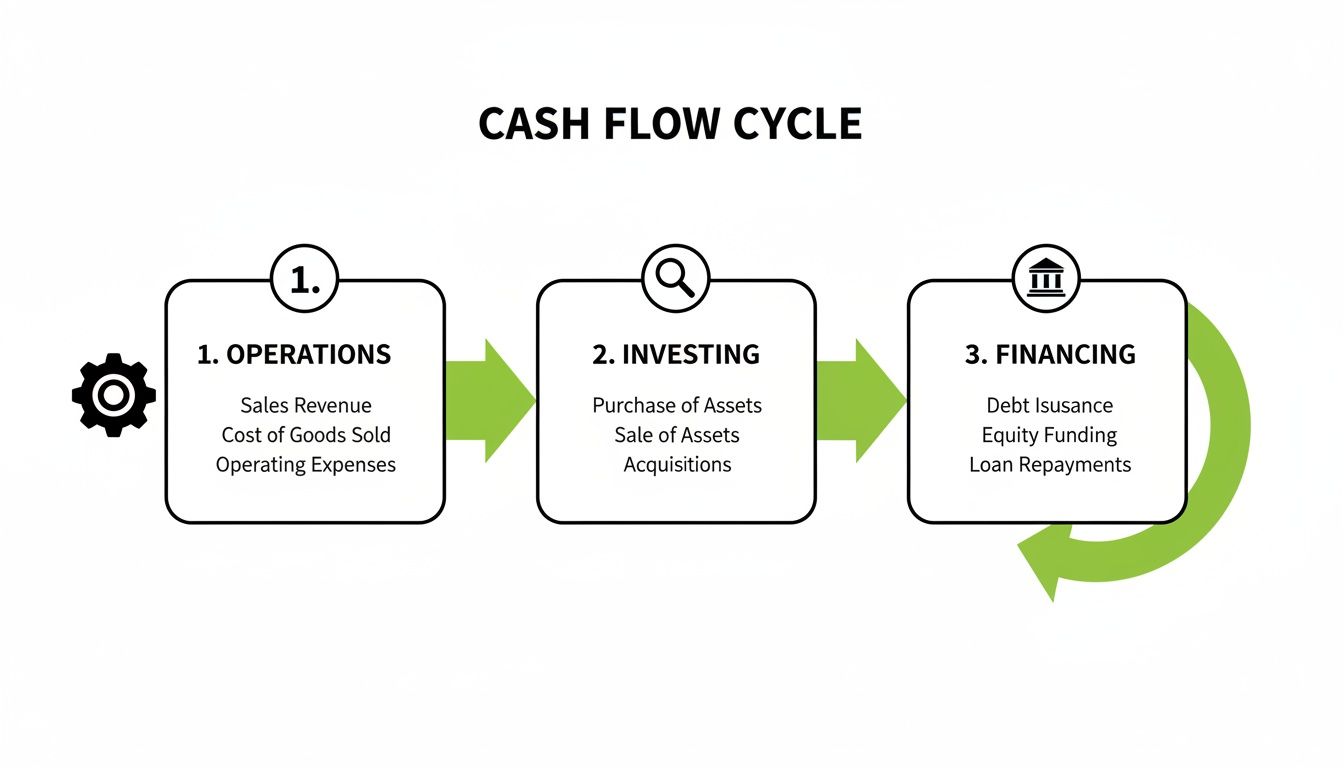 A diagram illustrating the cash flow cycle, detailing operations, investing, and financing activities with examples.