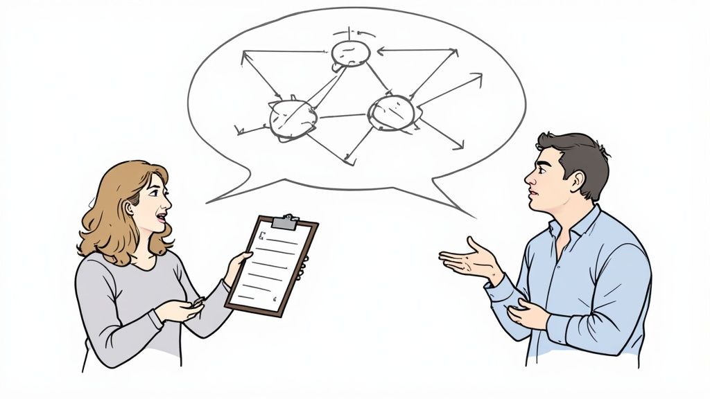 A woman with a clipboard and a man gesture while discussing a complex diagram in a thought bubble.