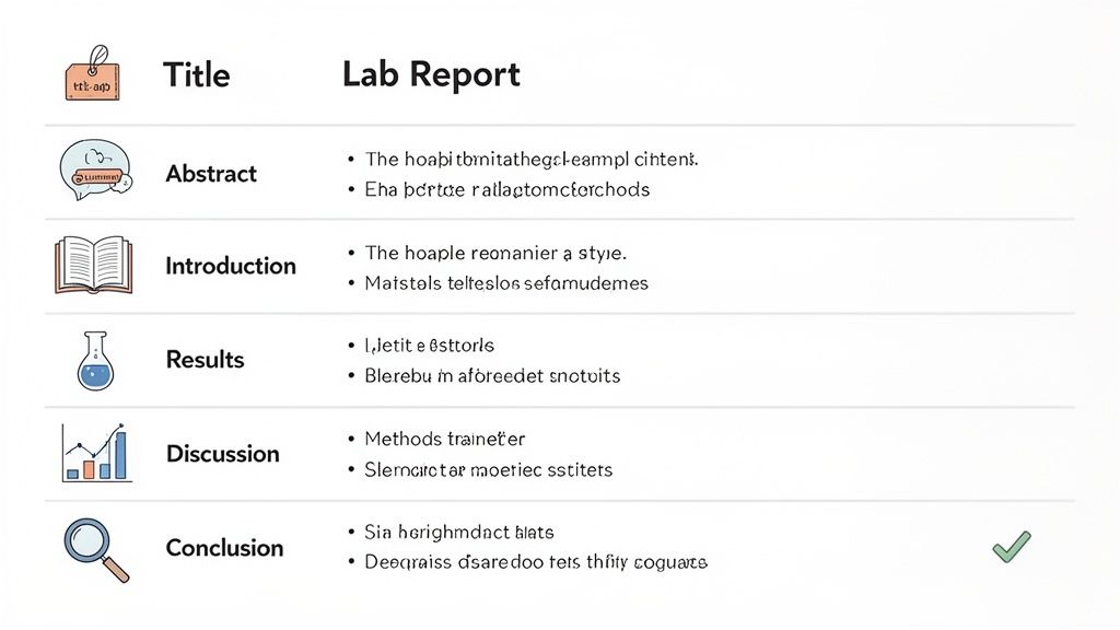 A lab report document displaying sections for Title, Abstract, Introduction, Results, Discussion, and Conclusion with placeholder text.