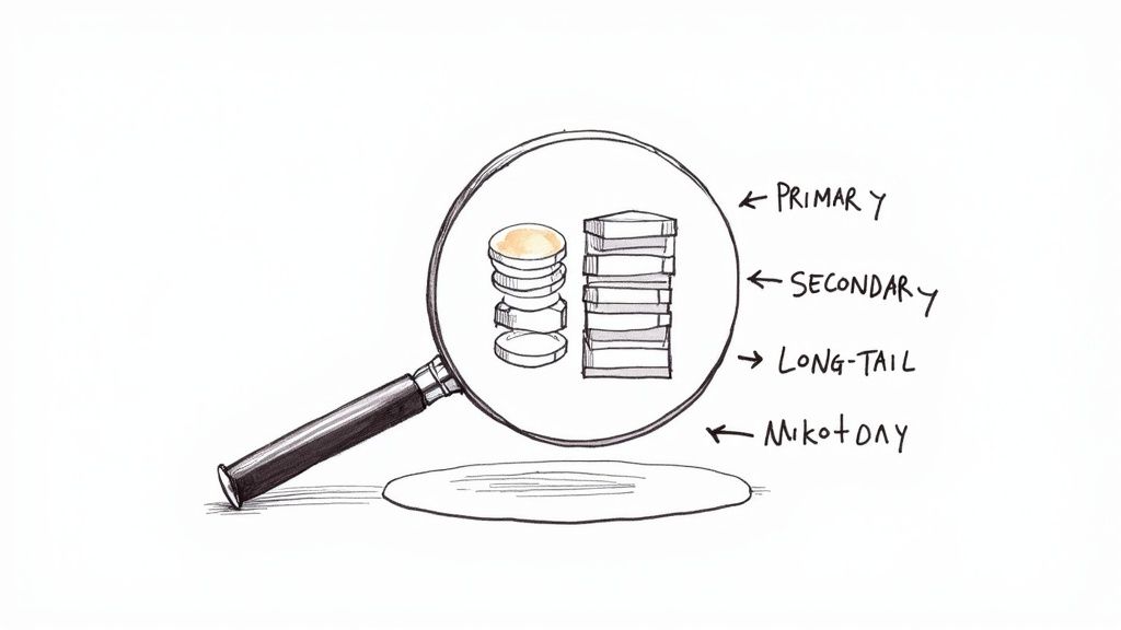 A magnifying glass examines stacks of items categorized as primary, secondary, long-tail, and Mikotony.
