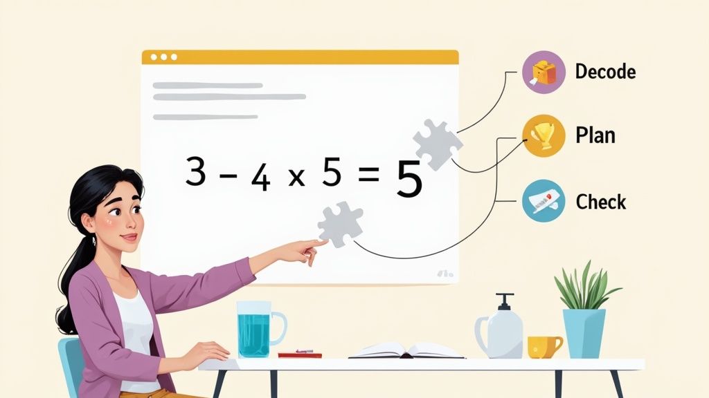 A person sitting at a desk, focused on solving a math problem with various formulas and graphs around them.