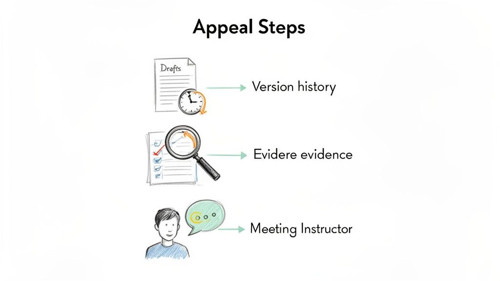 Illustration outlining three appeal steps: version history, evidence review, and meeting an instructor.