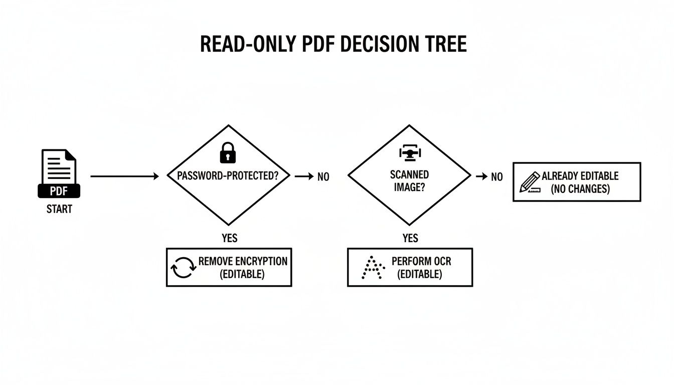 Flowchart illustrating the decision-making process to make a read-only PDF editable.