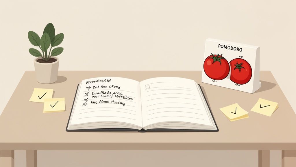 A minimalist desk setup with a plant, open notebook with a to-do list, sticky notes, and a Pomodoro timer.