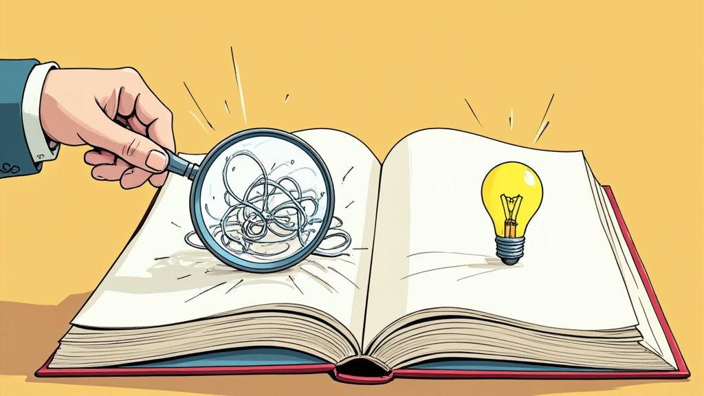 A hand with a magnifying glass inspects tangled lines on an open book, beside a glowing light bulb.