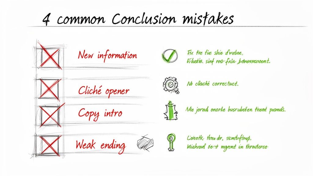 A checklist illustrating 4 common conclusion mistakes: new information, cliché opener, copied intro, and weak ending.