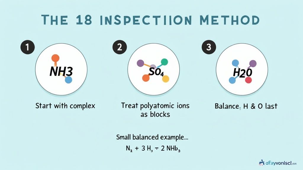 Infographic showing the 18 Inspection Method for balancing chemical equations, with steps for complex, polyatomic ions, and H2O.