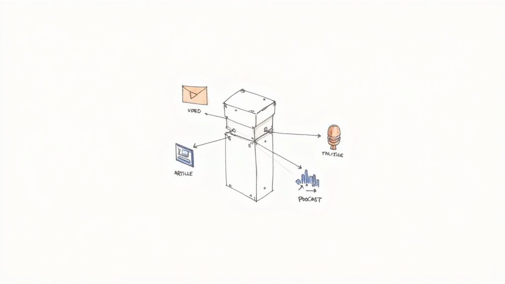 Diagram showing a central column generating various content types: video, article, talk, and podcast.