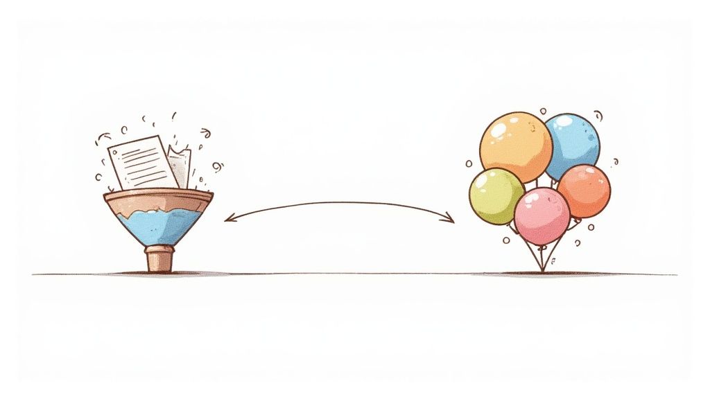 A person's hands organizing sticky notes on a wooden desk, symbolizing the synthesis of ideas into a final summary.