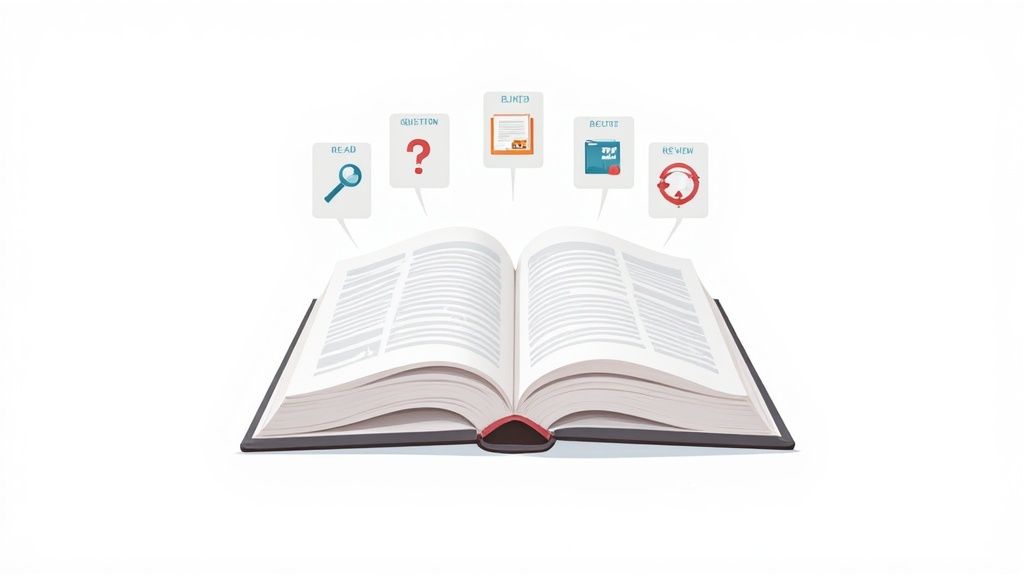 Open book with five reading comprehension strategies icons: read, question, build, reuse, and review