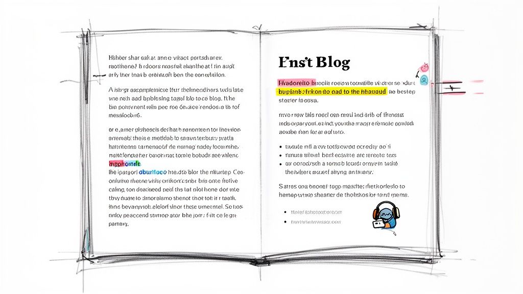 A sketch illustration of an open book displaying a blog post with highlighted text and a person using a laptop.