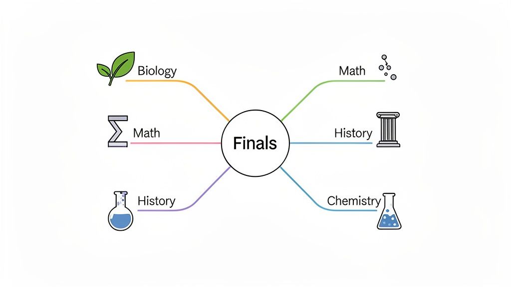 A colorful mind map showing 'Finals' in the center with branches to Biology, Math, History, and Chemistry subjects.