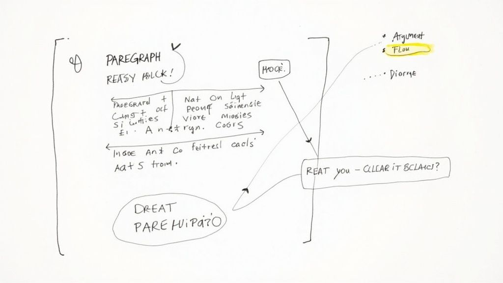 A handwritten diagram on a white background showing concepts related to paragraph structure and argument flow.
