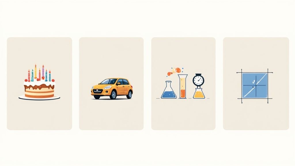Four illustrated cards showing birthday cake, orange car, science beakers with clock, and grid window